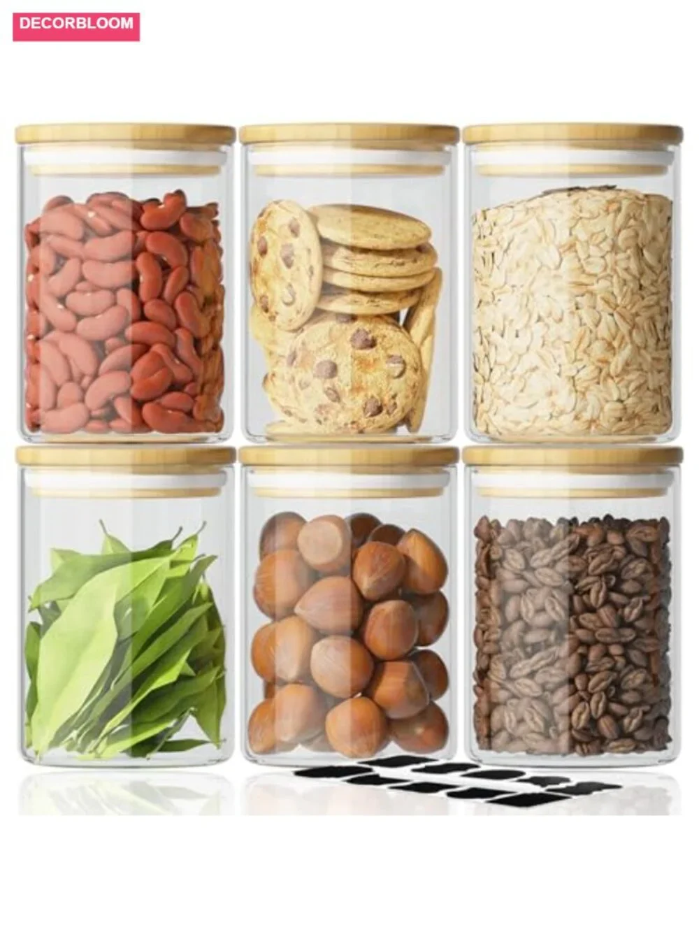 6 Pcs 18oz Glass Storage Jars with Airtight Bamboo Lids Labels